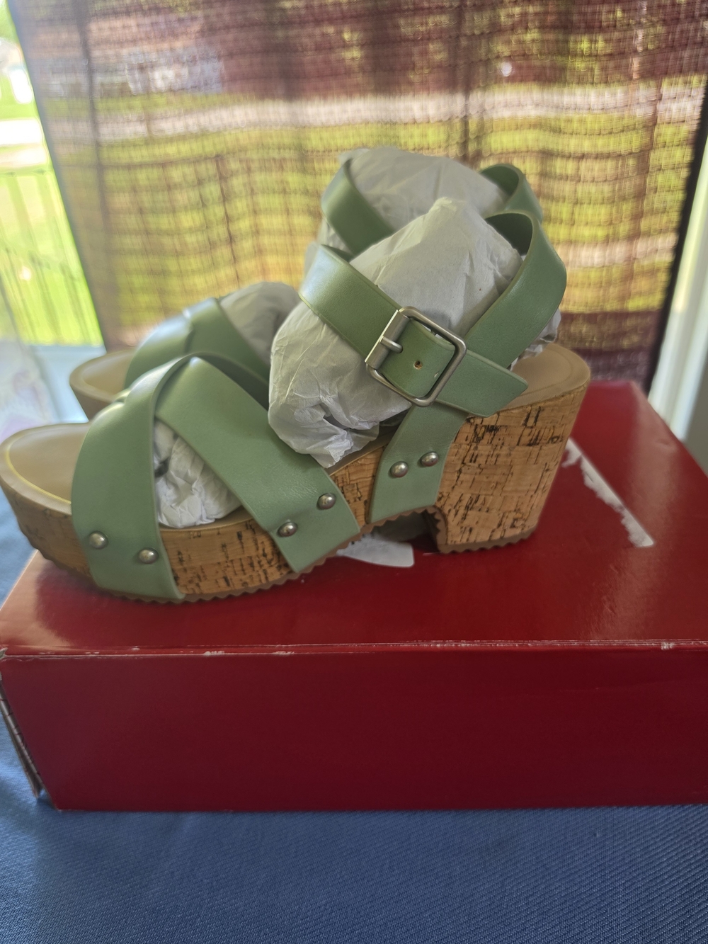 Journee Collection "Valentina" Sage Green Cork Wedge Sandals – Size 6.5 M - Picture 6 of 8